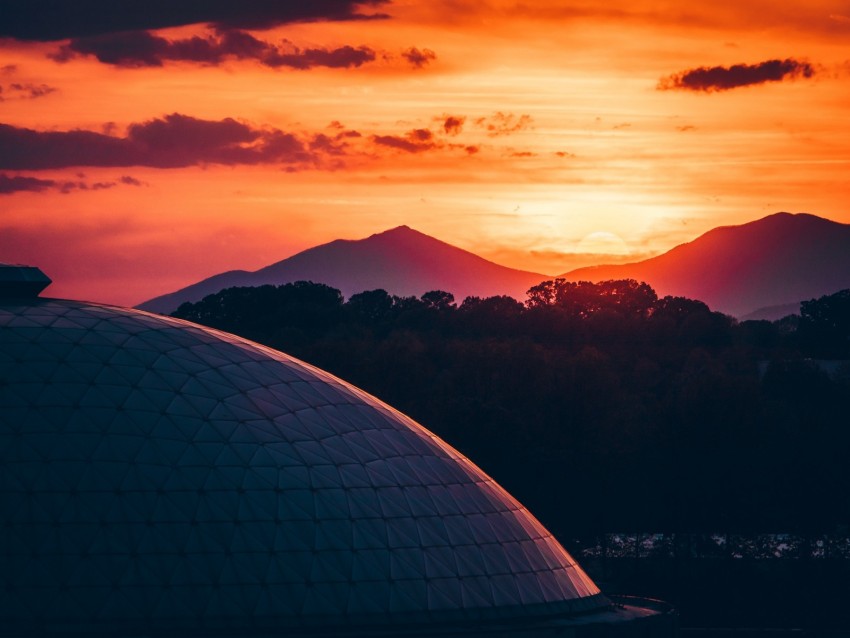 building, architecture, roof, sunset, mountains, trees