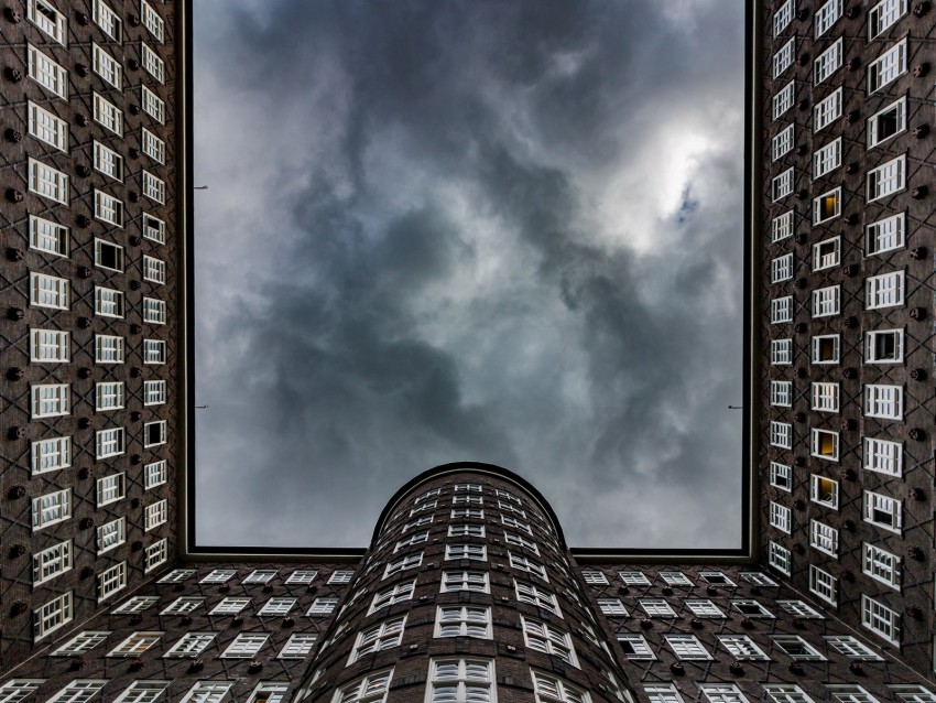 building, architecture, sky, facade, windows, bottom view