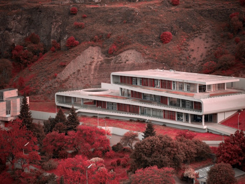 building, architecture, trees, mountain, slope