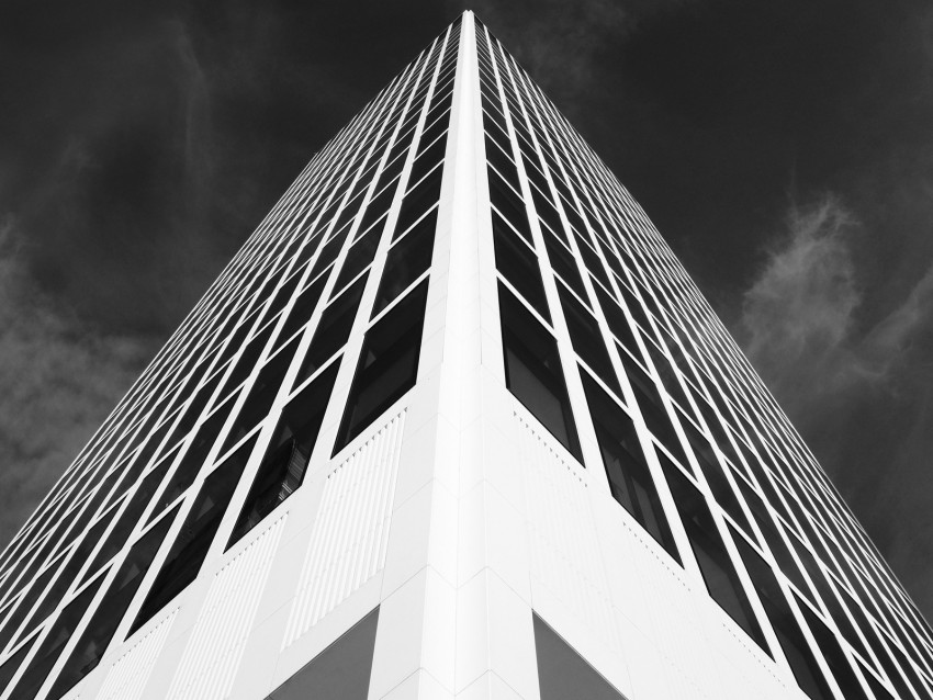 building, facade, bw, architecture, corner, symmetry