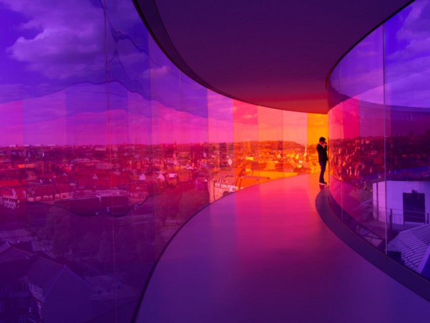 building, glass, colorful, light, man, corridor