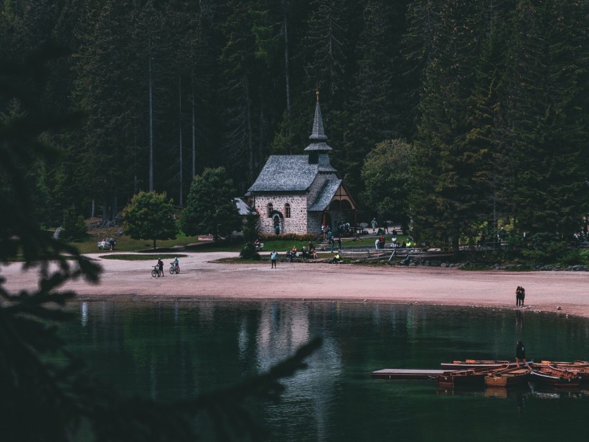 building, lake, trees, shore, nature