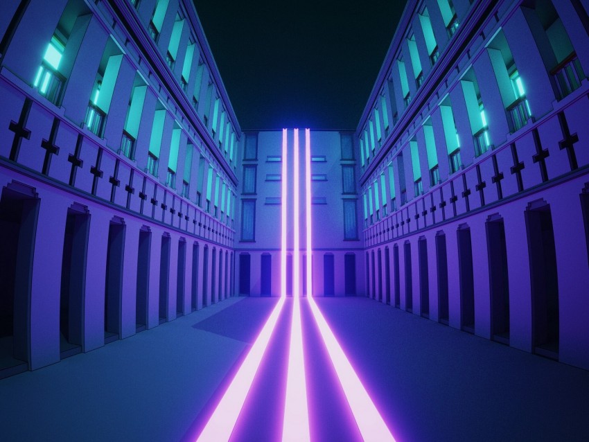 building, lines, neon, stripes, art