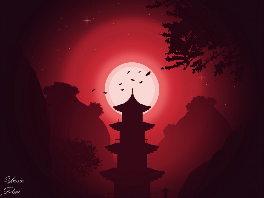 building, moon, night, vector, art, red