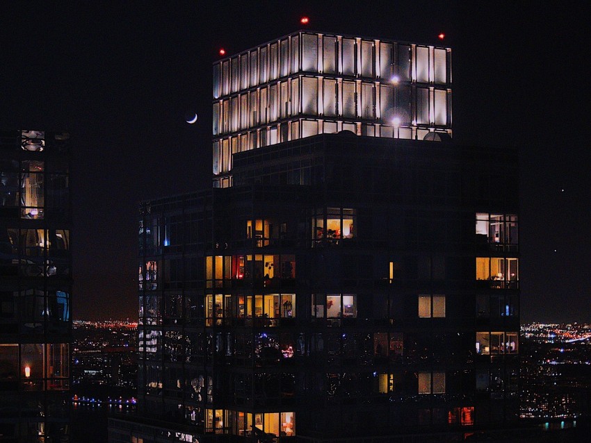 building, night city, windows, architecture