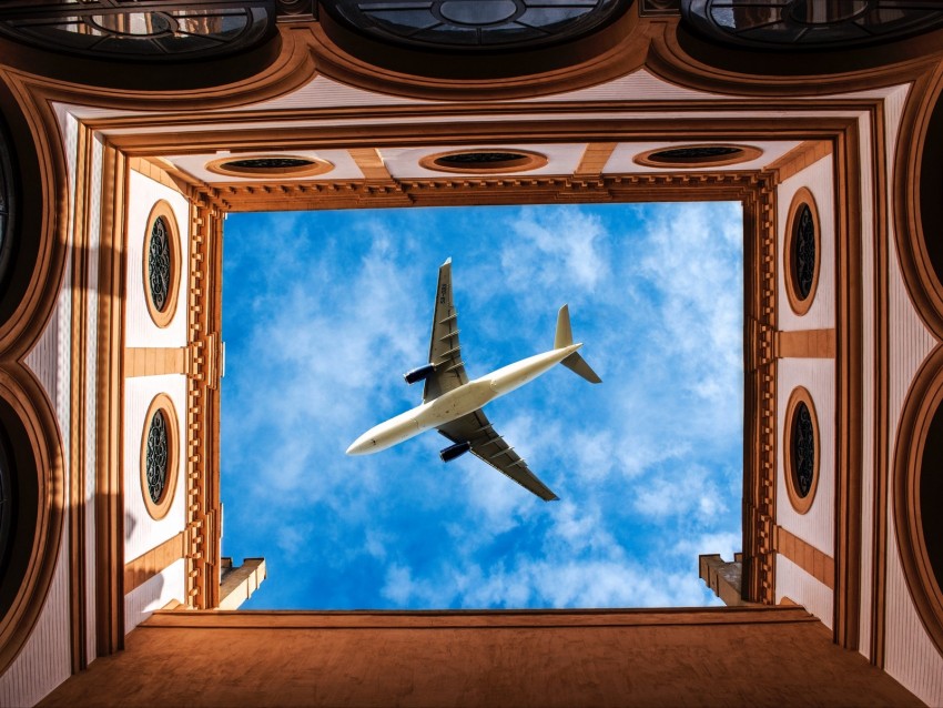 building, sky, plane, architecture, bottom view