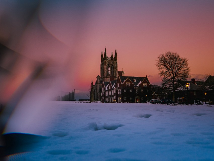 buildings, architecture, snow, dusk