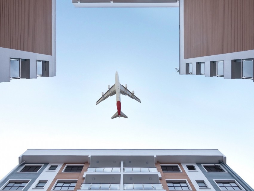 buildings, sky, plane, bottom view, architecture