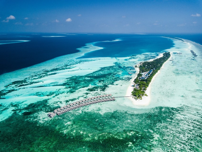 bungalow, aerial view, ocean, tropics