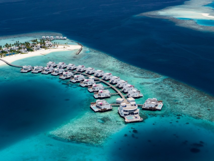 bungalow, ocean, aerial view, sky, water