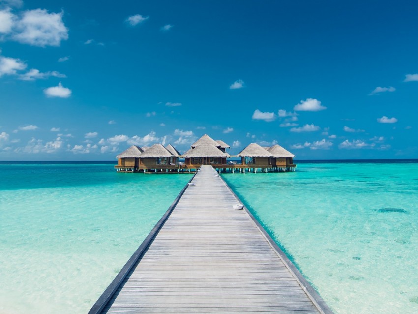 bungalow, pier, ocean, tropics, rest