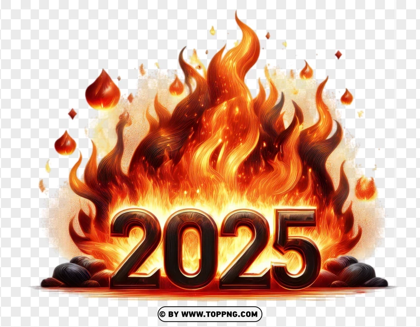 Burning 2025 Typography With Flames PNG Transparent Background