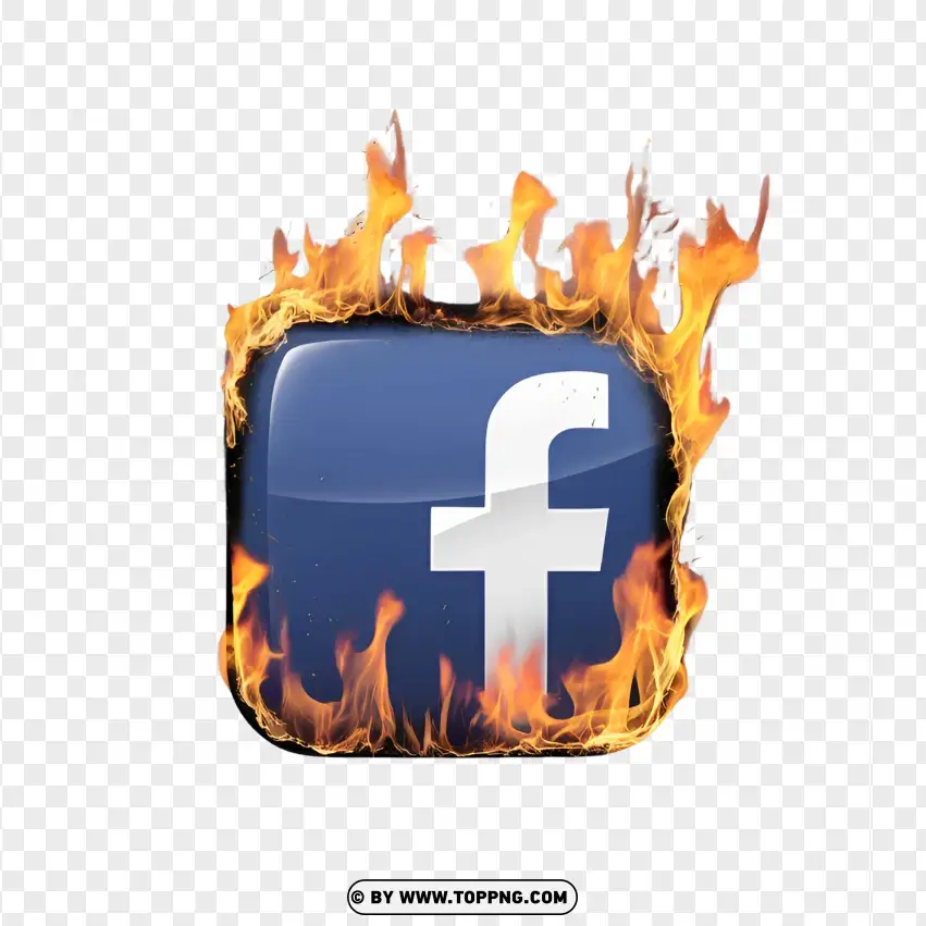 Burning Facebook App Icon Depicting Digital Chaos PNG Transparent Background