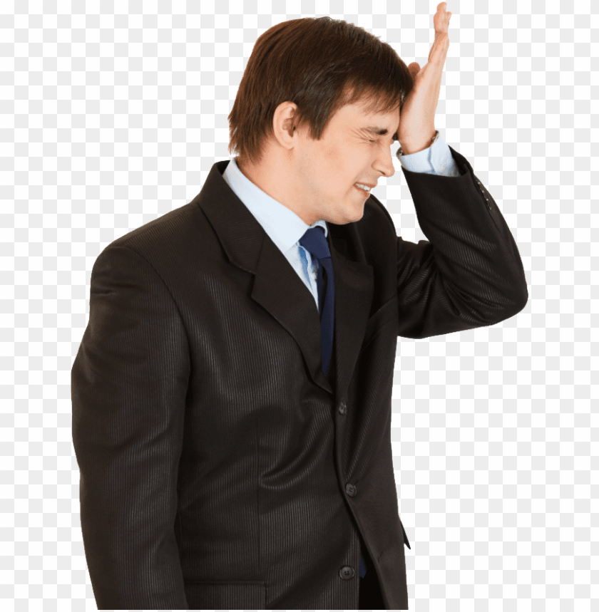 Man in a suit showing frustration, with hand on forehead, transparent background.