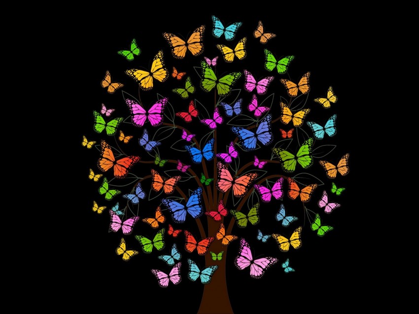 butterfly, tree, patterns, colorful