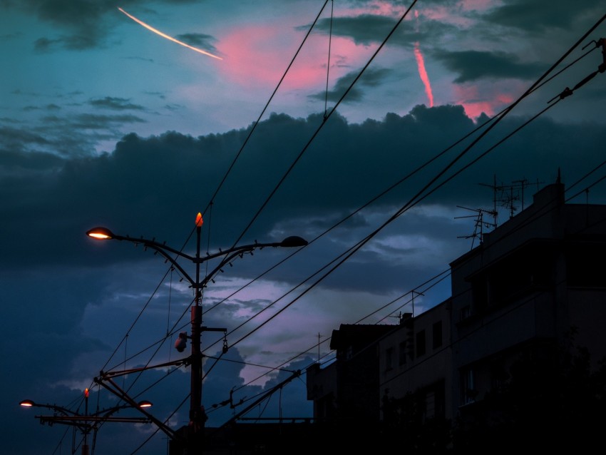 Cable Poles Lights City Twilight Dark Background