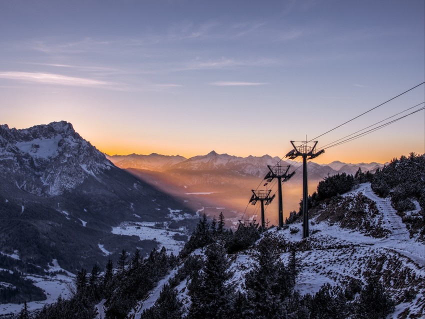 Cableway Pillars Mountains Trees Sunrise Landscape Background