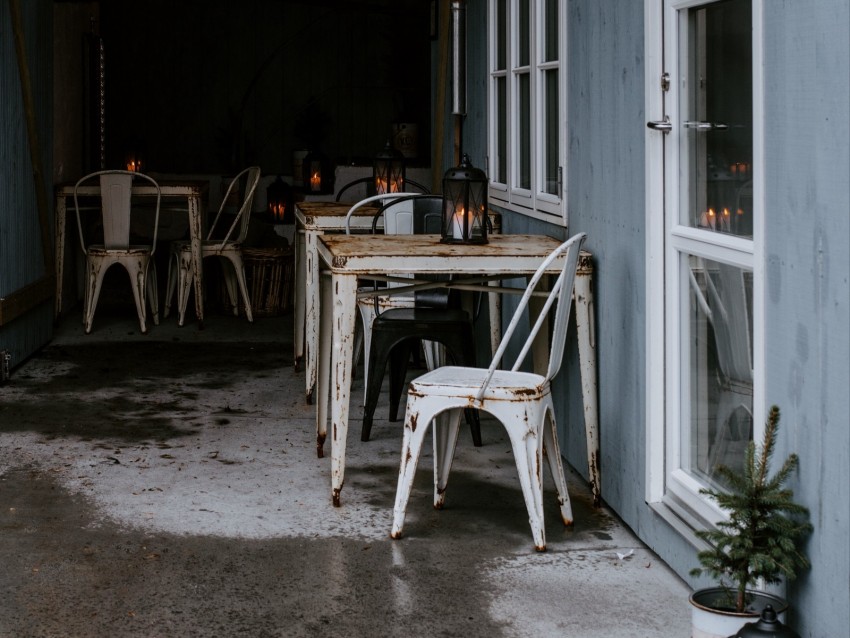 cafe, interior, veranda, furniture, tables, chairs, lanterns