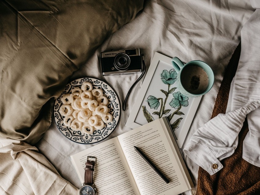 camera, book, food, mug, bed, breakfast, mood