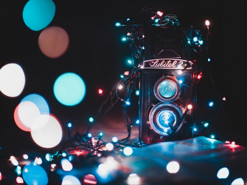 camera, glare, garland, bokeh, retro, vintage