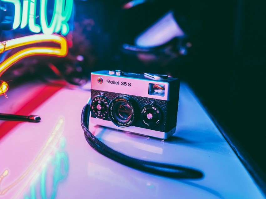 camera, neon, light, vintage, retro