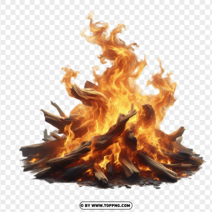 Campfire with burning fire flame, wood logs in the fire, PNG image with transparent background