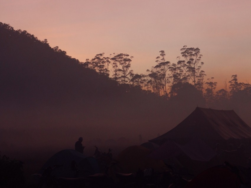 camping, dusk, fog, tents, nature