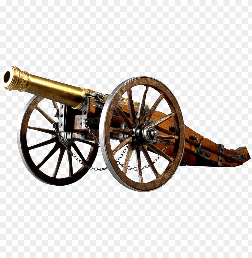 Vintage cannon with wooden wheels and brass barrel on transparent background PNG