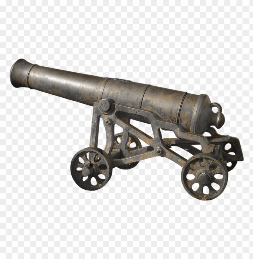 Antique cannon on a wheeled carriage, displaying detailed metalwork PNG