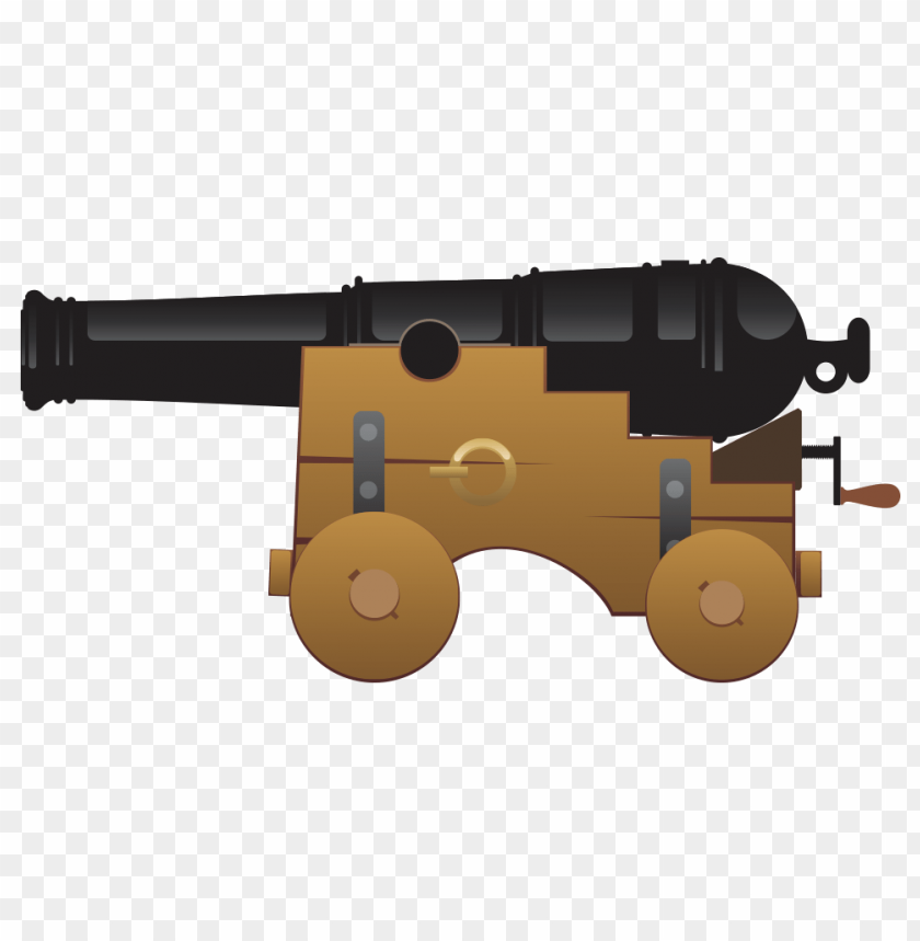 A vintage cannon with a black barrel and wooden carriage on wheels PNG