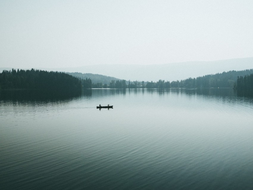 canoe, boat, lake, fog, silhouettes