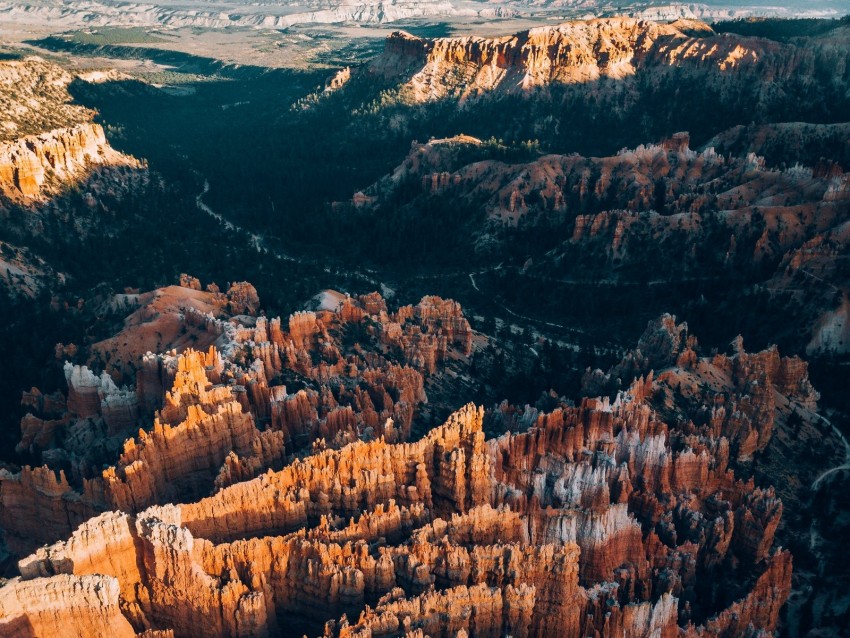 canyon, rocks, aerial view, river, forest, relief, landscape