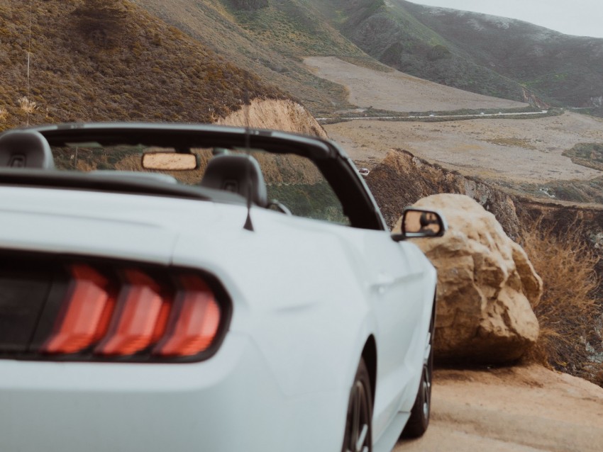 Car Convertible White Rear View Mountains Background