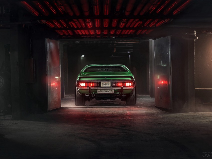 Car Garage Tuning Green Rear View Background