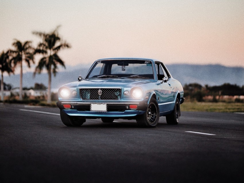 car, old, blue, front view, headlights, light