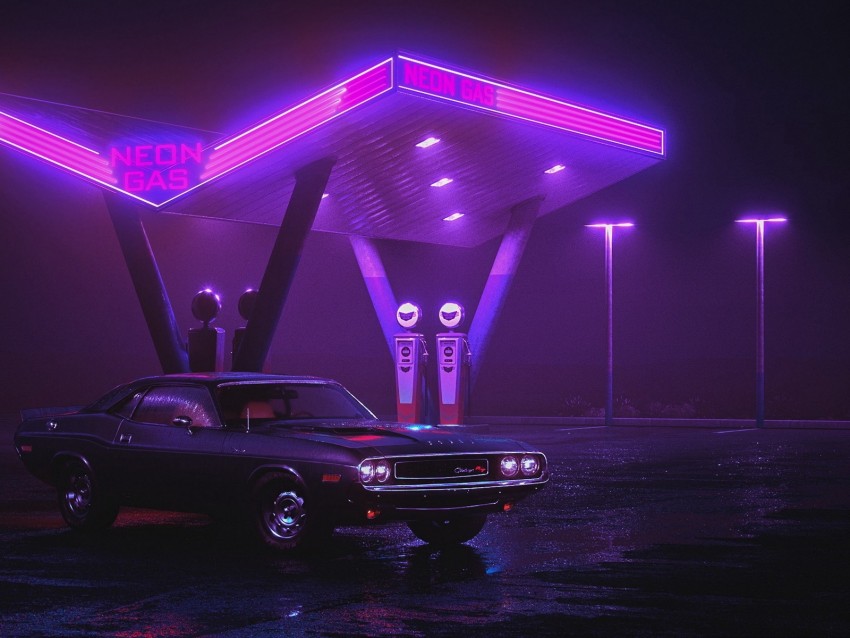 car, old, neon, refueling, night