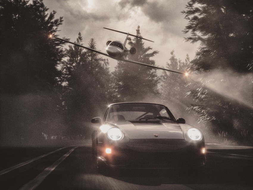 car, plane, road, fog, asphalt, speed