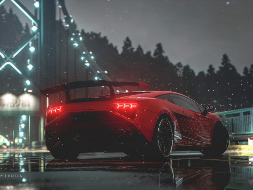 Car Red Sports Car Side View Lights Wet Background