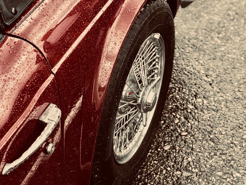 car, red, wet, wheel, chrome