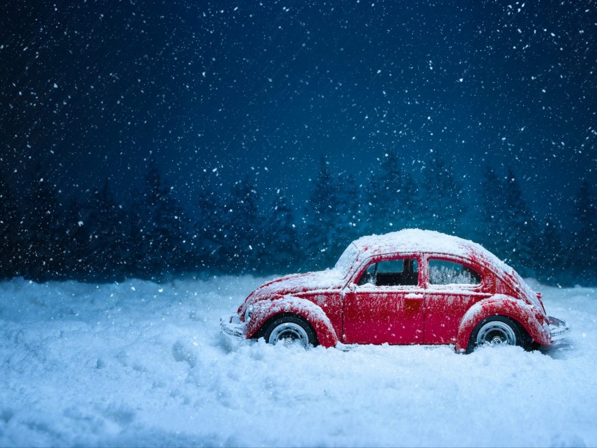 car, retro, winter, snow, snowfall, vintage, red