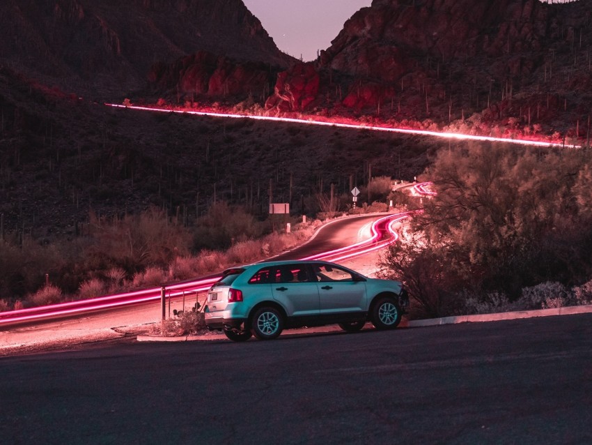 car, road, night, starry sky, hill