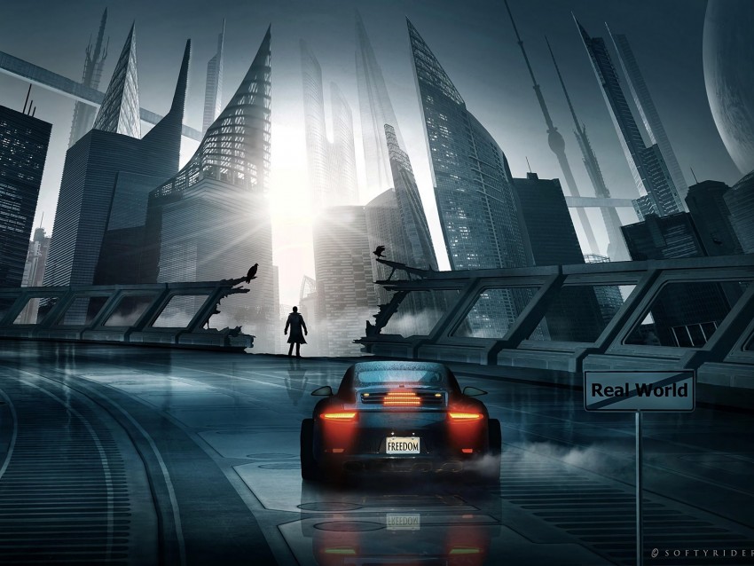 car, sports car, silhouette, city, cyberpunk, futurism