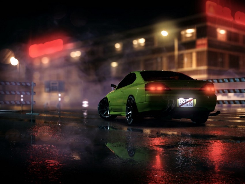 car, sportscar, green, night, light, smoke