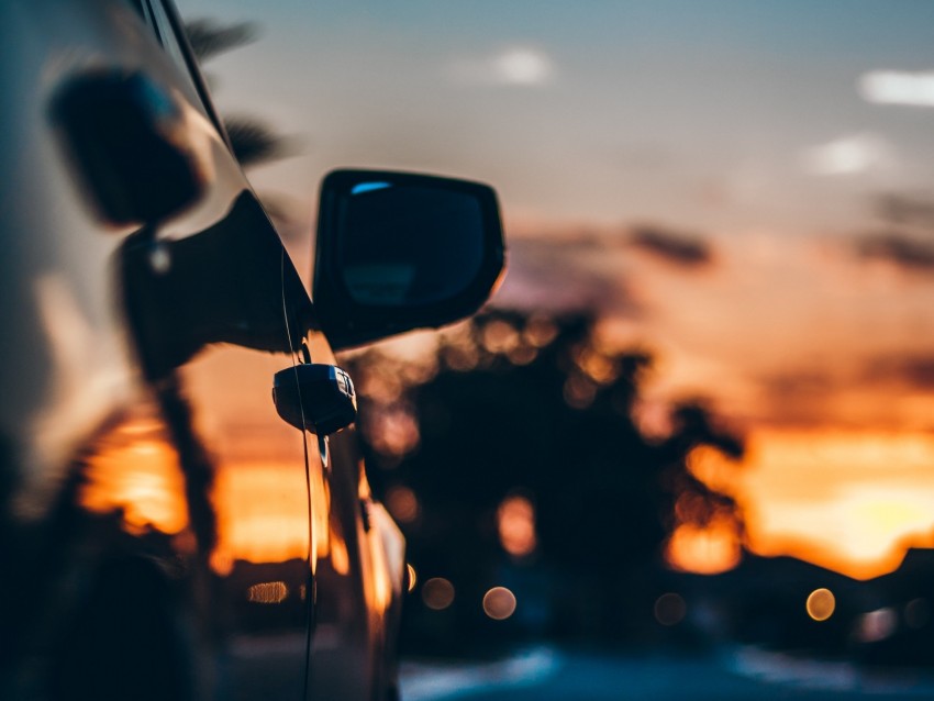 car, sunset, movement, mirror blur