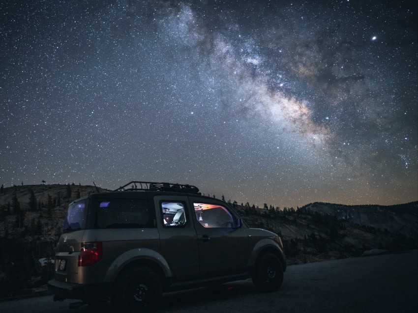 Car Suv Night Mountains Starry Sky Background