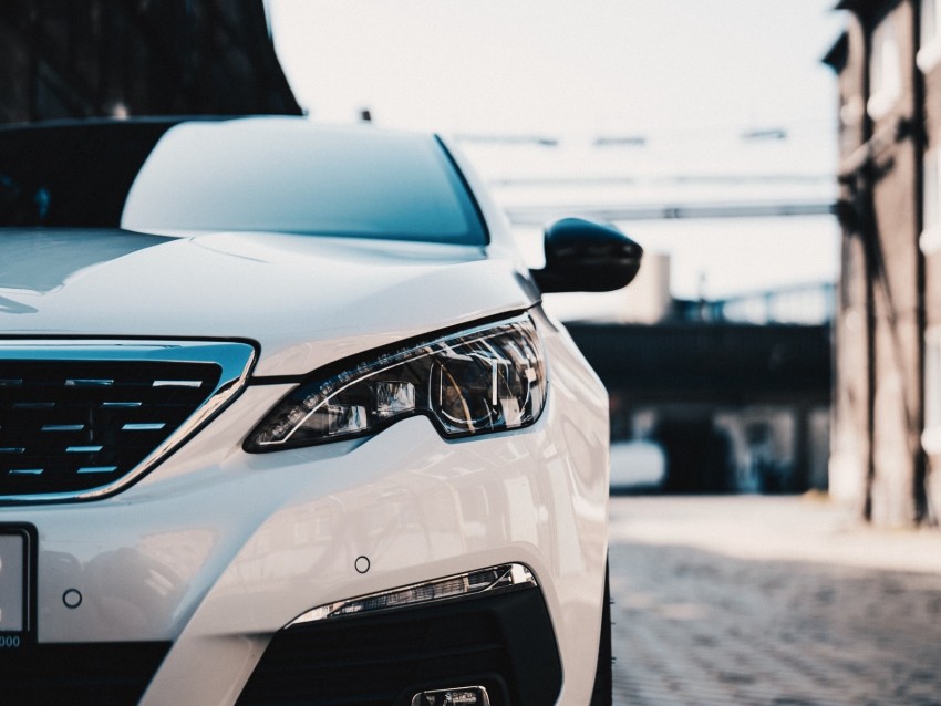 car, white, front view, headlights, optics