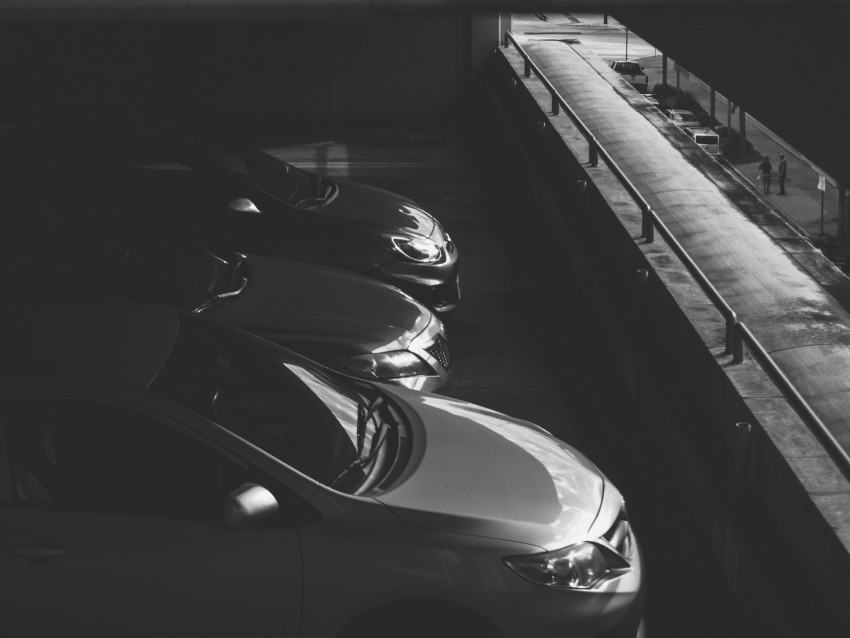 cars, bw, dark, parking, monochrome