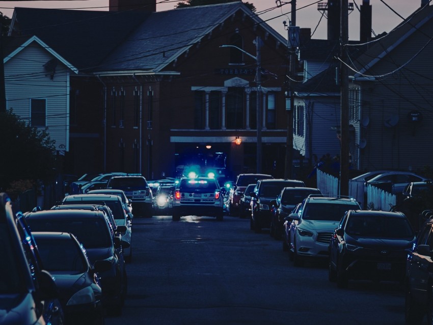 cars, police, lights, street, city