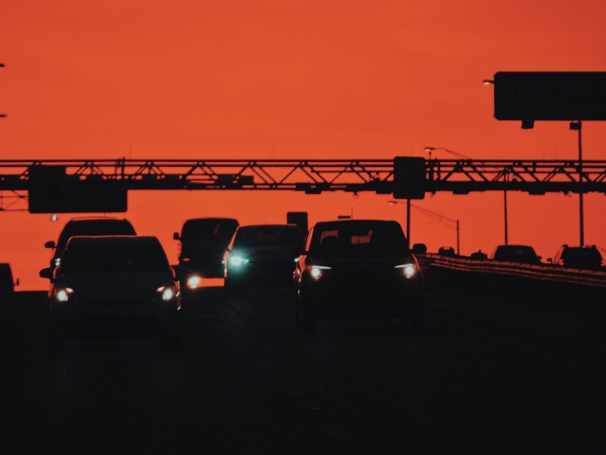 cars, transportation, sunset, headlights