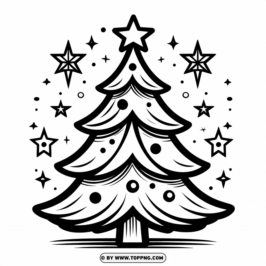 Cartoon Christmas Tree Drawing Easy With Stars PNG Transparent Background